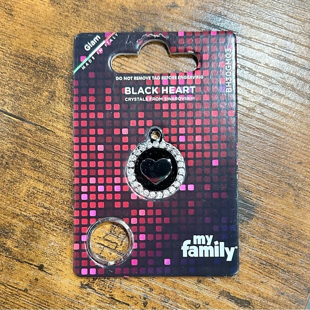 NWT My Family Custom Glam Black Heart Swarovski Crystal Engravable Pet Dog Tag